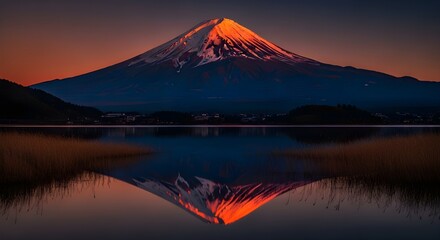 Majestic mountain peak illuminated by golden sunset reflecting in calm lake waters creating a serene landscape