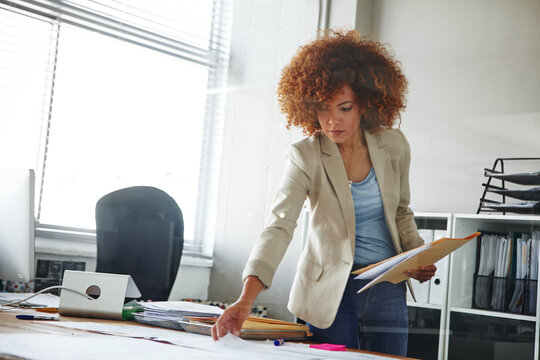 Business woman, admin and checking documents with folder for company finance or report in office. Female person, employee or administrator with paperwork or file for backlog, tax or financial review