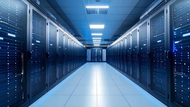 Server room showcasing network equipment, data centers for computing services and digital information storage within server racks. - Powered by Adobe