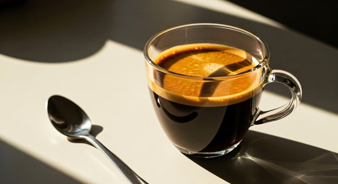 Start your day right with a delicious espresso in a clear glass mug bathed in beautiful morning sunlight