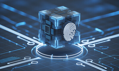 Modern technology cube with fingerprint scan for secure data access solution