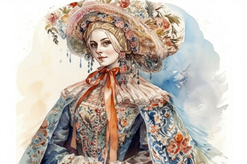 An elegant watercolor illustration of a young woman in luxurious period costume with rich floral patterns.  