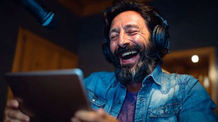 Happy hispanic man wearing headphones recording podcast in modern home studio, talking with audience while using tablet and laptop, with professional microphones creating lively audio interaction