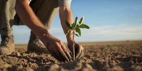 Man planting young tree in dry soil, environmental conservation and reforestation, close-up of hands and seedling