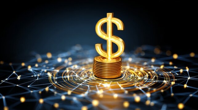 Dollar sign with a stack of abstract coins, representing digital currency, online business concept, financial growth, money investment, economic concept, virtual coins, and modern fintech innovation