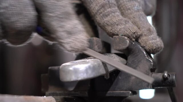 In a blacksmith workshop, a skilled craftsperson carefully shapes metal with a file. The focus is on precision and technique, showcasing traditional metalworking craftsmanship.