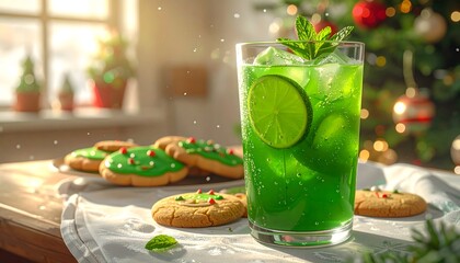 Green Christmas Cocktail with Gingerbread and Green Cream