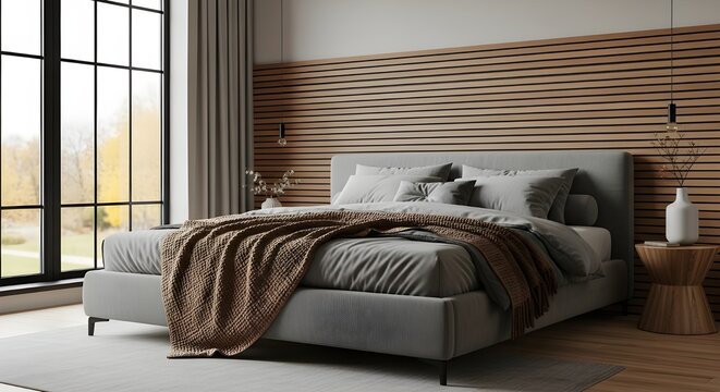 Modern bedroom interior with wooden wall paneling and large window creating a cozy and stylish atmosphere for relaxation