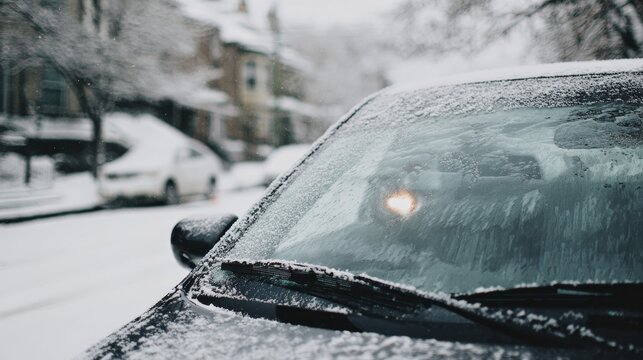 Car windshield partially covered with snow after a winter snowfall, showing frosty patterns, icy texture, cold weather conditions, frozen glass, winter season, and snow accumulation on vehicle surface
