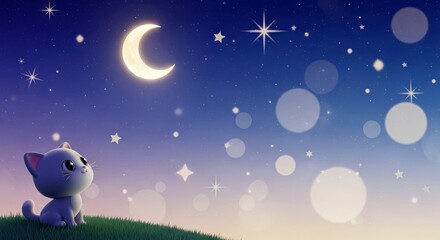 Cute cartoon cat looking at the moon and stars in the night sky -  