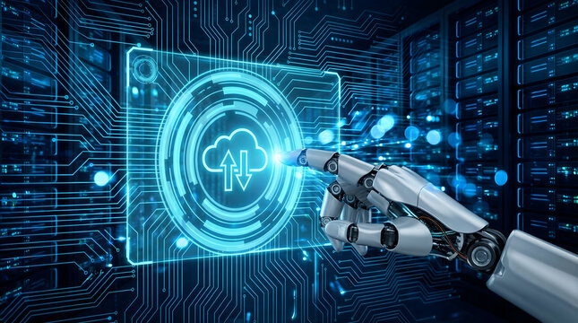 Futuristic robot hand activating cloud technology interface for smart solutions