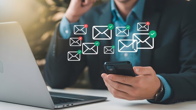 Businessman using smartphone and laptop surrounded by incoming email icons, digital communication marketing and message network concept