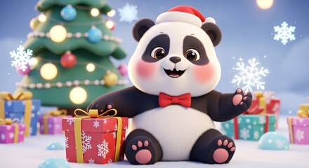 Cute panda wearing Santa hat sitting near Christmas tree with gifts  
