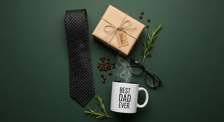 Flat lay vertical composition of a wrapped Fathers Day gift black polka-dot tie coffee and glasses a 46337165 1