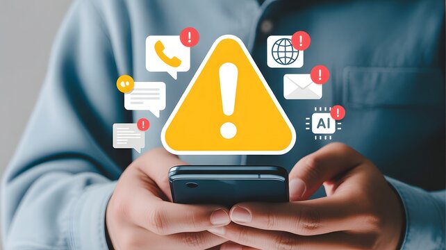 Man holding smartphone with cyber warning pop-up icons, online scam and data security alert, cybersecurity awareness and digital safety concept