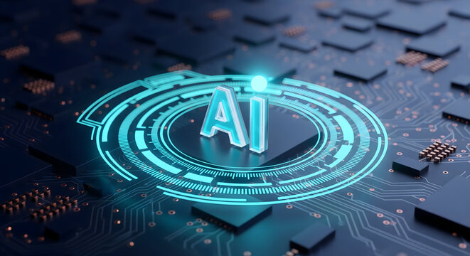 Futuristic AI technology on circuit board with glowing neon light effect