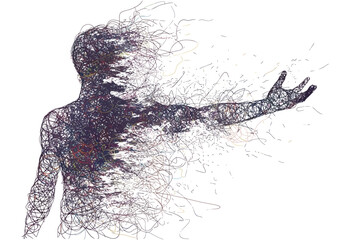 Silhouette of a figure dissolving into abstract colorful threads extending an arm