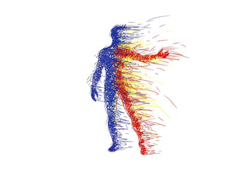 Stylized dissipating human figure composed of blue yellow and red scribbles on white