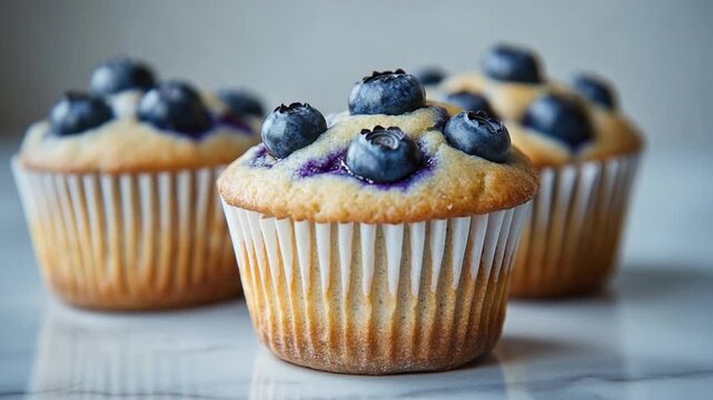 Video A delicious-looking muffin with fresh blueberries on top, perfect for breakfast or snack