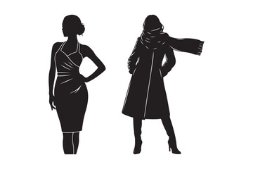 Two fashionable women silhouettes in elegant attire