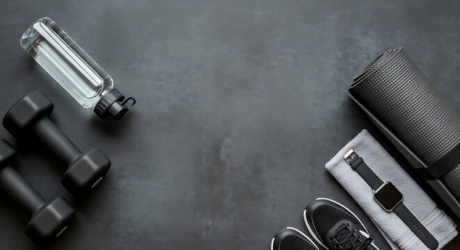Fitness Gear Flat Lay with Dumbbells, Water Bottle, and Grey Copyspace