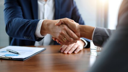 Business Deal Handshake on Desk with Documents and Pen
