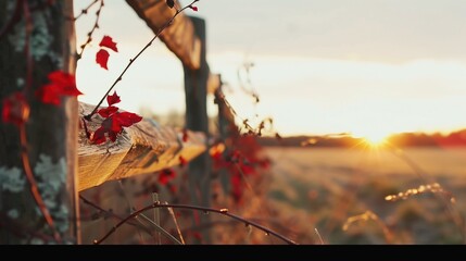 Fence and wild autumn foliage at sunset – rustic countryside landscape for seasonal design, farm ads, and natural scenery uses