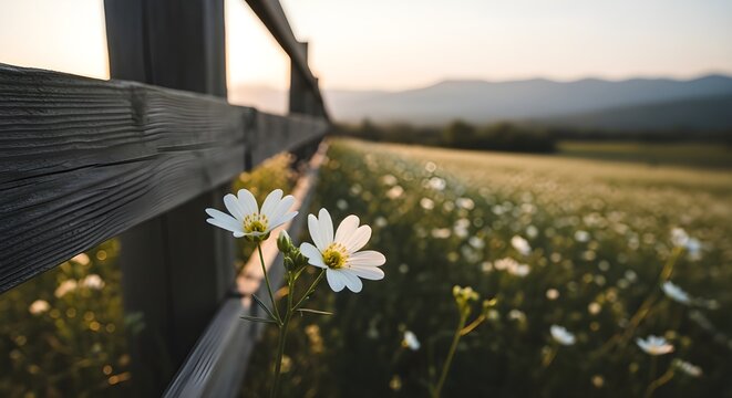 Rural landscape with daisies growing near a weathered wooden fence at sunset with mountains in the background - Powered by Adobe