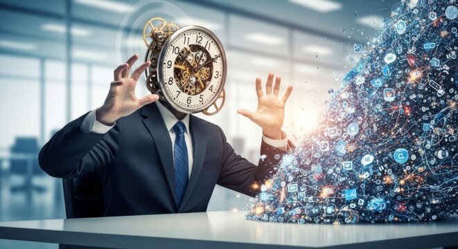 Digital time management: businessman with clock head manipulating data stream