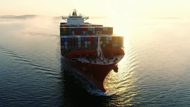 Majestic Container Ship Sailing Through Calm Waters Amidst Golden Sunrise Glow
