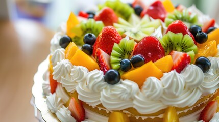 White vanilla ice cream cake topped with fresh strawberries, kiwi & berries – summer celebration dessert concept