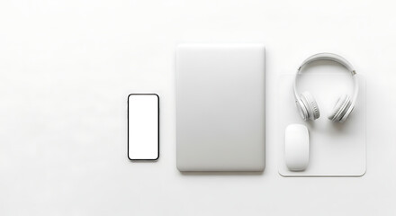 Fototapeta premium Clean White Flat Lay Minimalist Tech Laptop and Smartphone