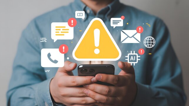 Man holding smartphone with cyber warning pop-up icons, online scam and data security alert, cybersecurity awareness and digital safety concept