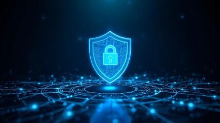 Glowing digital shield with padlock symbol represents cybersecurity