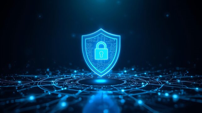 Glowing digital shield with padlock symbol represents cybersecurity