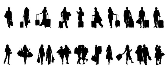 A stylish collection of travel and shopping silhouettes featuring people with suitcases and shopping bags in natural walking poses. Ideal for airport scenes, retail concepts, holiday campaigns, modern