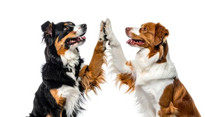 Two friendly dogs face each other, raising their paws in a high-five gesture against a bright white background