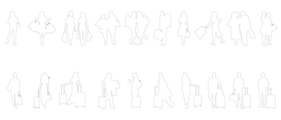 A curated collection of elegant line art silhouettes of people shopping and traveliing with luggage, captured in natural walking and posing gestures. Perfect for airport scenes, retail graphics.