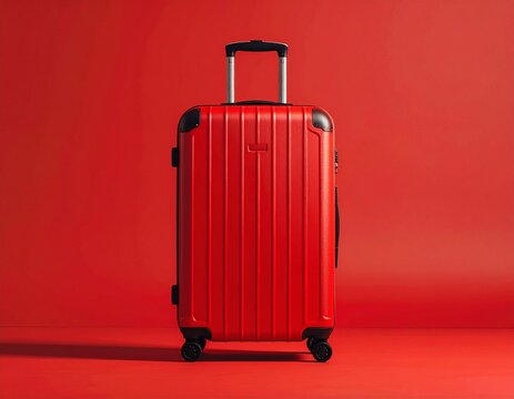 Red suitcase standing upright against bold red background for travel, luggage, and vacation imagery