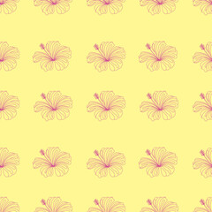 Seamless floral pattern. Hibiscus flowers on a yellow background. Elegant minimal botanical design, perfect for textiles, wallpapers, stationery, wrapping paper. Summer pattern 