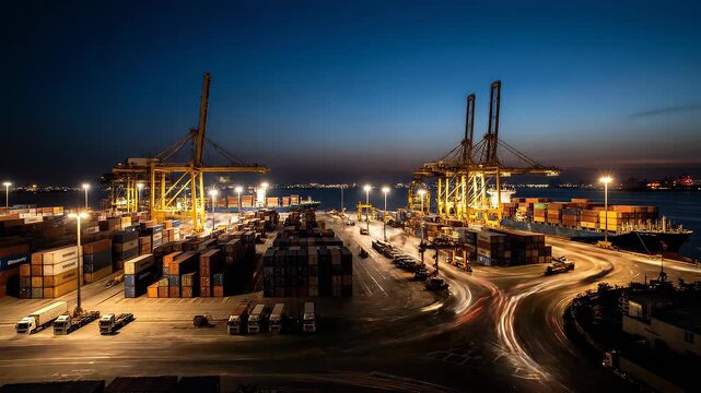 Illuminated Shipping Port at Night with Cranes and Container Ships Creating a Dynamic Industrial Scene
