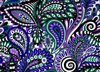 Boho floral paisley pattern in black and white, purple, and green. Textile pattern