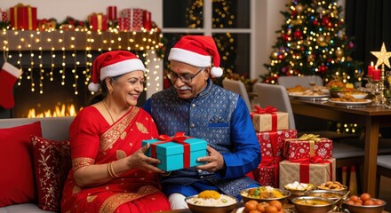 Happy Indian Couple Exchanging Christmas Gift During Festive Celebration