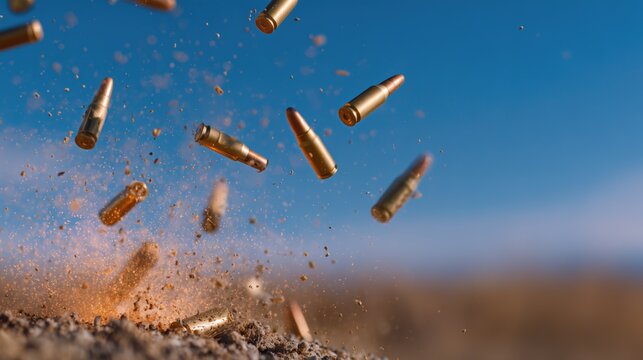 Multiple bullet casings flying in the air with sparks and motion blur on ground