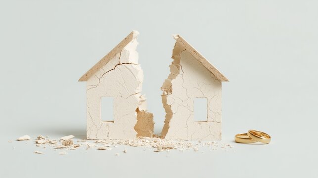 Broken house model symbolizing divorce and property division with wedding ring on light background