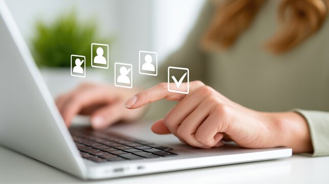 Finger selecting user icon on laptop screen with digital interface concept