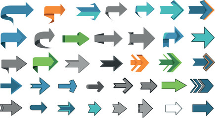 Collection of diverse flat design arrows in various colors and styles direction right