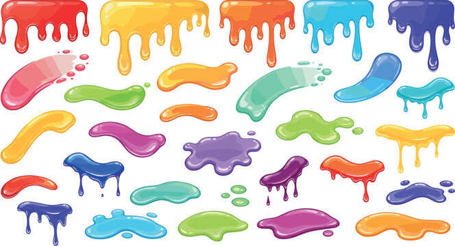 Collection of colorful dripping liquid blobs and splatters slime
