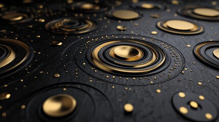 Abstract 3D black-gold background featuring embossed rings and circular motifs