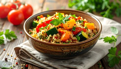Rice and vegetable salad with meat served on a bowl